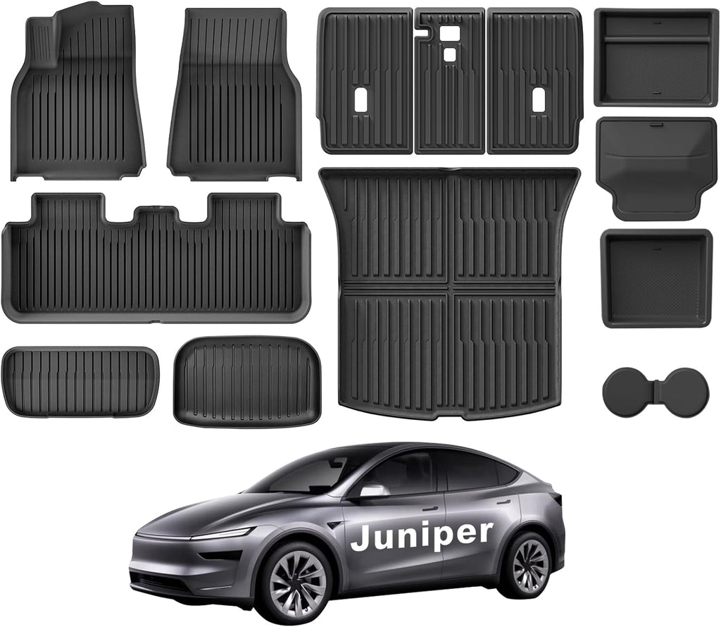 Weize 2025 2026 Tesla Model Y Juniper All Weather Cargo Liner Floor Mats 9 PCS & Double Layer Center Console Organizer 4 PCS, Full Coverage Tesla Interior Accessories Kit(Not for Standard)