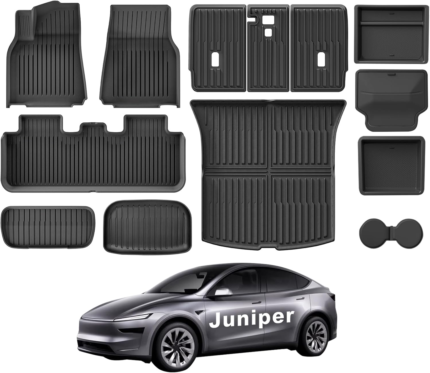 Weize 2025 2026 Tesla Model Y Juniper All Weather Cargo Liner Floor Mats 9 PCS & Double Layer Center Console Organizer 4 PCS, Full Coverage Tesla Interior Accessories Kit(Not for Standard)
