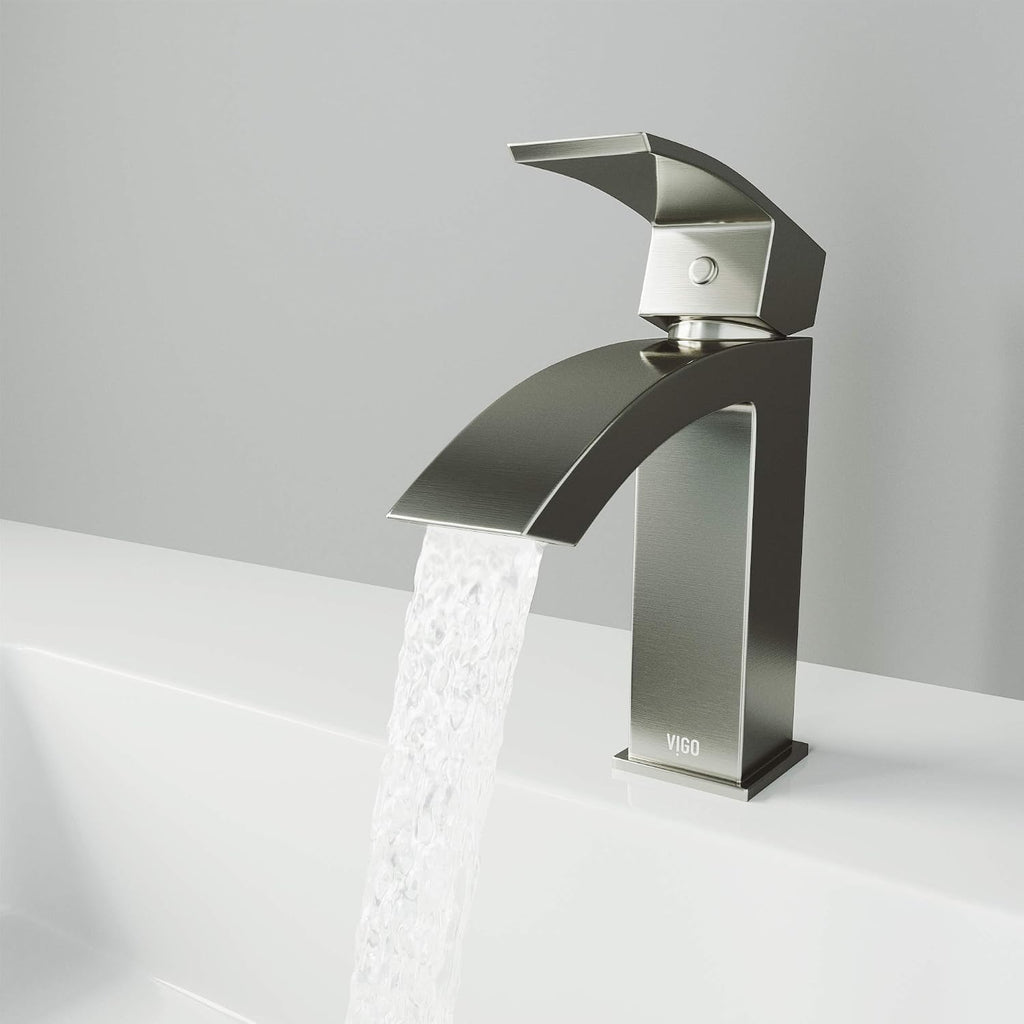 VIGO Satro Waterfall Single-Handle Single-Hole Mount Bathroom Sink Faucet, 7-Inch, Brushed Nickel, Modern Design, Solid Brass, 1.2 GPM WaterSense & Ceramic Disc Valve, Corrosion-Resistant