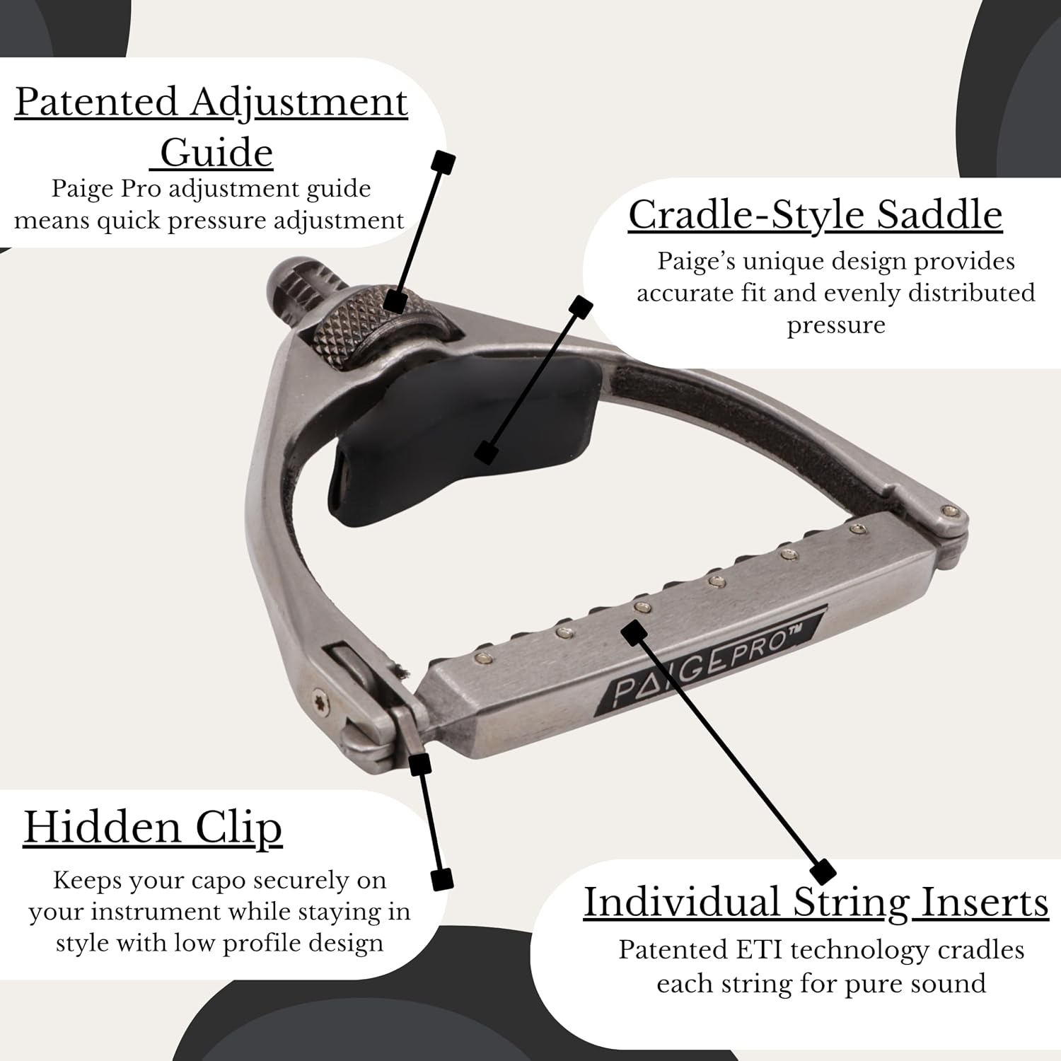 Paige Pro Capo for 6-String Acoustic Guitar – Individual String Tension, USA Made - Enhanced Tone Innovation - Stainless Steel