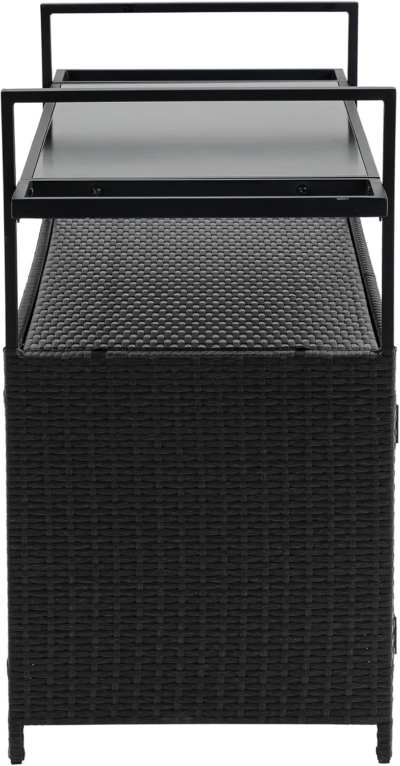 Outdoor Rattan Bar Cart, Rolling Wicker Bar Table with Tempered Glass Tabletop, Patio Wine Beverage Serving Cart with Wheels, Outdoor Storage Table for Porch, Backyard, Garden, Poolside, Black