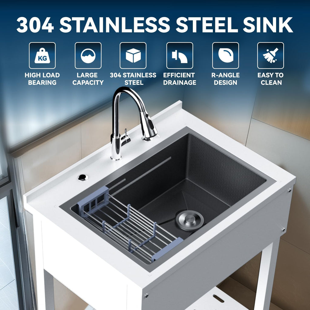 29' Freestanding Utility Sink，Heavy Duty Stainless Steel Laundry Room Sink，Commercial Kitchen Sinks with Hot & Cold Water for Garage,Kitchens Outdoor (29 * 21 * 36 White)