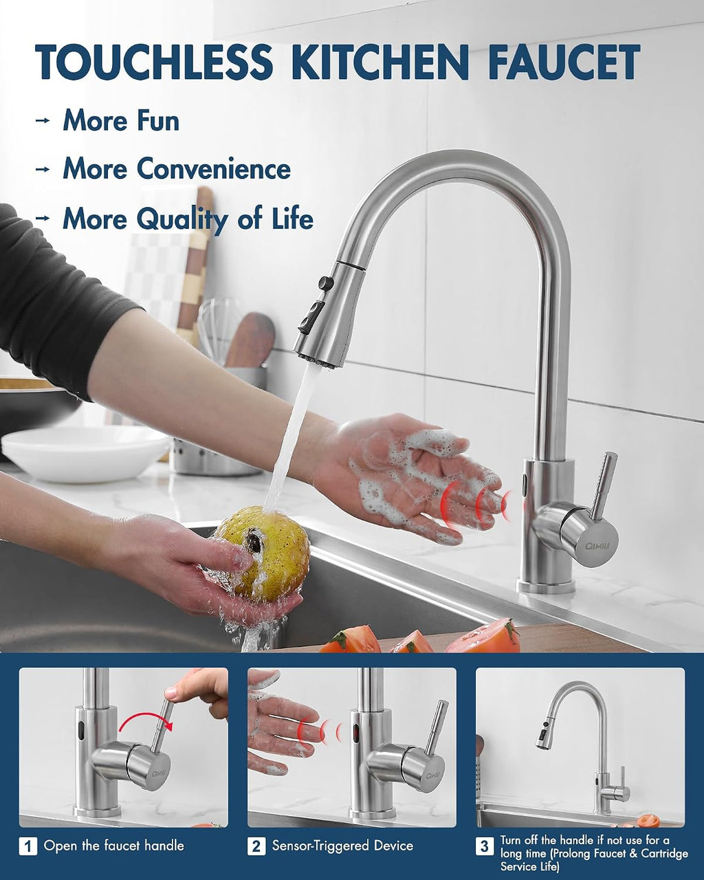 GIMILI Touchless Kitchen Faucet with Pull Down Sprayer Motion Sensor Hands-Free Smart Activated Brushed Nickel Sink Faucets