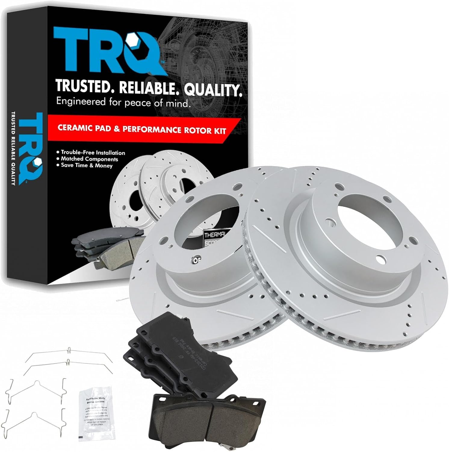TRQ Performance Front Brake Pad and Rotor Set Ceramic G Coated Drilled Slotted Vented Rotors Compatible with 2016-2021 Lexus LX570 Land Cruiser 2008-2021 Sequoia 2007-2021 Tundra