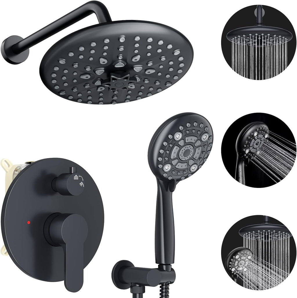 EMBATHER Shower Faucet Sets - Overhead Rain Head Shower System with High Pressure Handheld Complete Combo and Mixer Valve Trim Kit - Matte Black Rainfall Shower Fixture for Luxury Bathroom