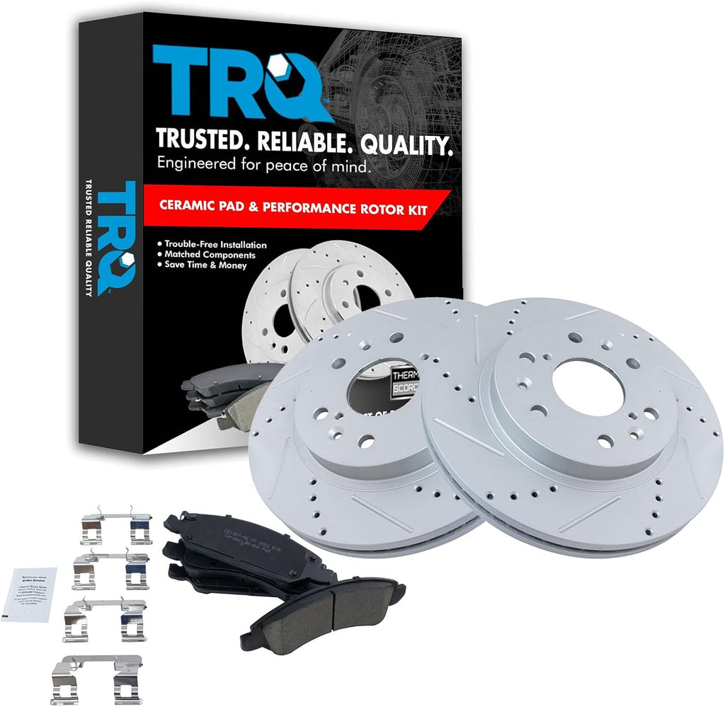 TRQ Performance Front Ceramic Brake Pad and Rotor Set Coated Drilled Slotted Compatible with 2008-13 Chevrolet Silverado 1500 2009-14 Chevrolet Tahoe 2013-19 Cadillac XTS with Heavy Duty Brakes
