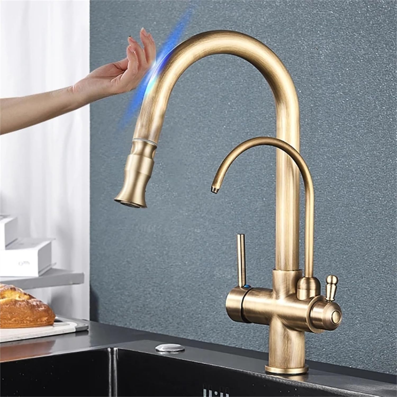 Smart Sensor Pure Water Kitchen Faucet 2 Model Spout Taps Deck Mount Daul Handle Filtered Cold Hot Water Mixer(Antique Brass)