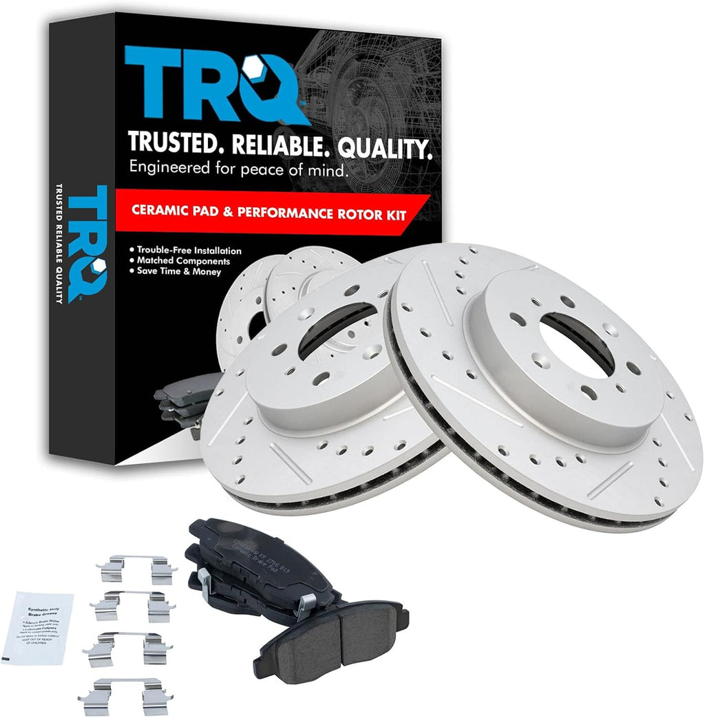 TRQ Performance Front Brake Pad and Rotor Set Ceramic Coated Drilled Slotted Vented Rotors Compatible with 1996-2005 Honda Civic 2010-2014 Insight
