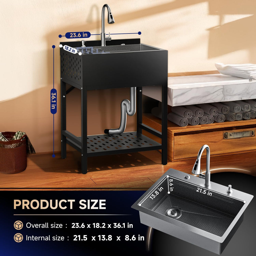 24' Stainless Steel Utility Sink,Freestanding Laundry Room Sink,Commercial Kitchen Sinks with Hot & Cold Water for Garage,Kitchens Outdoor (24x18x36 Black)