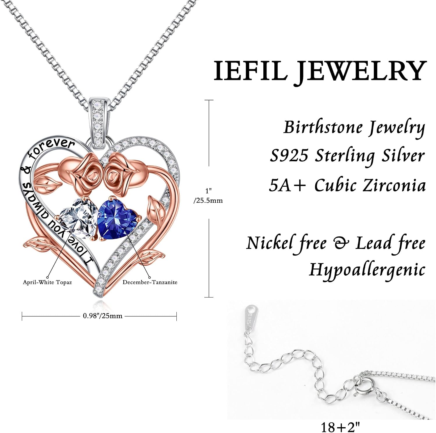 Iefil Rose Heart Double Birthstone Necklace Gifts for Wife Girlfriend Her Women, Birthstone Jewelry Gemstone Birthday Gifts for Mom Grandma Her Wife Women