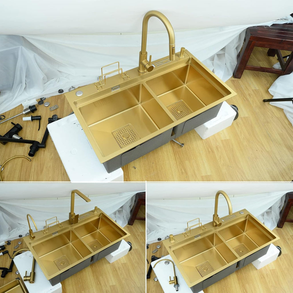 Kitchen Sink 304 Stainless Home Sink Kitchen, Double Gold Sink Kitchen, with Faucet, Clean Faucet, Soap Dispenser, Cutting Board and Accessories,Gold C-82X46cm