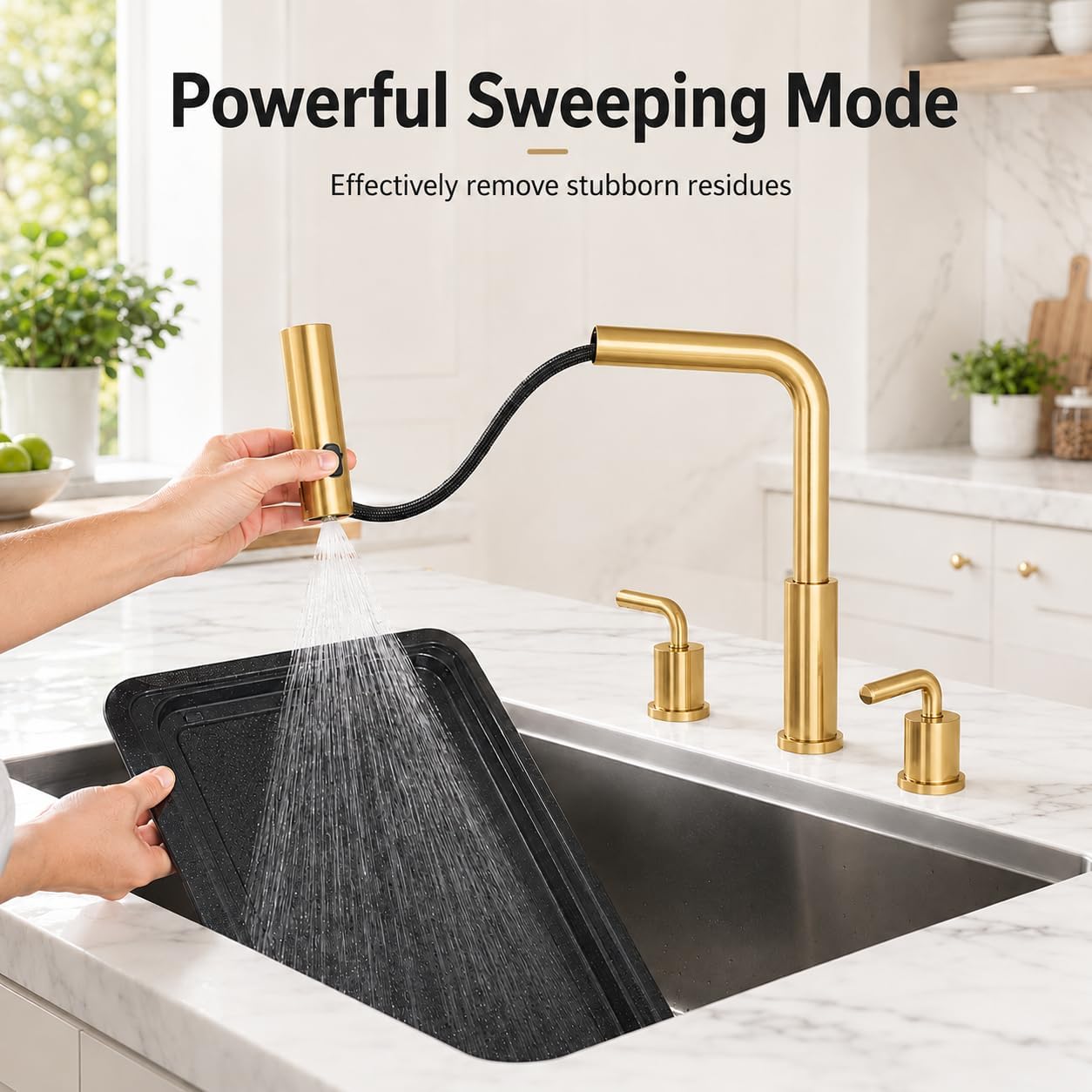 Kitchen Faucet with Pull Down Sprayer - Brushed Gold 3 Hole Kitchen Sink Faucet - 8 Inch 2 Handle Champagne Bronze 3 Piece Faucets Stainless Steel Faucet, 360° Swivel, Pull Out 3 Spray Modes