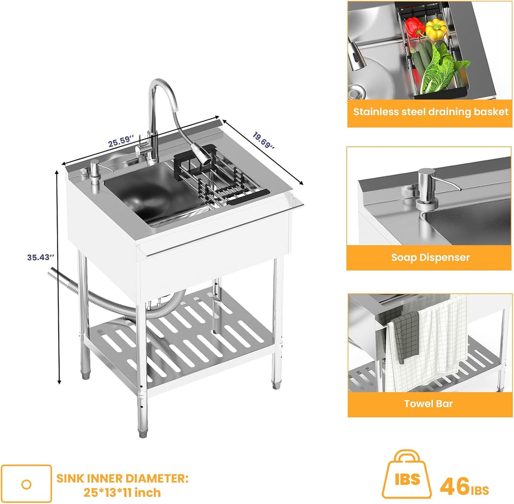 Stainless Steel Utility Sink, 25.6'' Free Standing Single Bowl Sink with Pull-Out Faucet & Cold and Hot Water Pipe & basket, Indoor and Outdoor Sink for Laundry Room, Garage, Kitchen, Silver