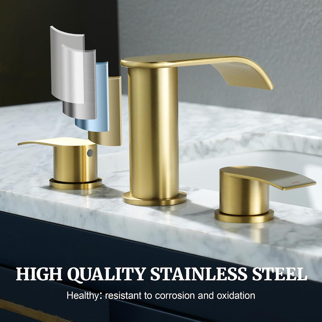 Ultimate Unicorn 8 inch Bathroom Faucet Brushed Gold, Waterfall Bathroom Faucet with Metal Pop-up Sink Drain Stopper and 2 Supply Hoses,2 Handle Widespread Faucets for Vanity Sink 3 Holes (Pack of 2)