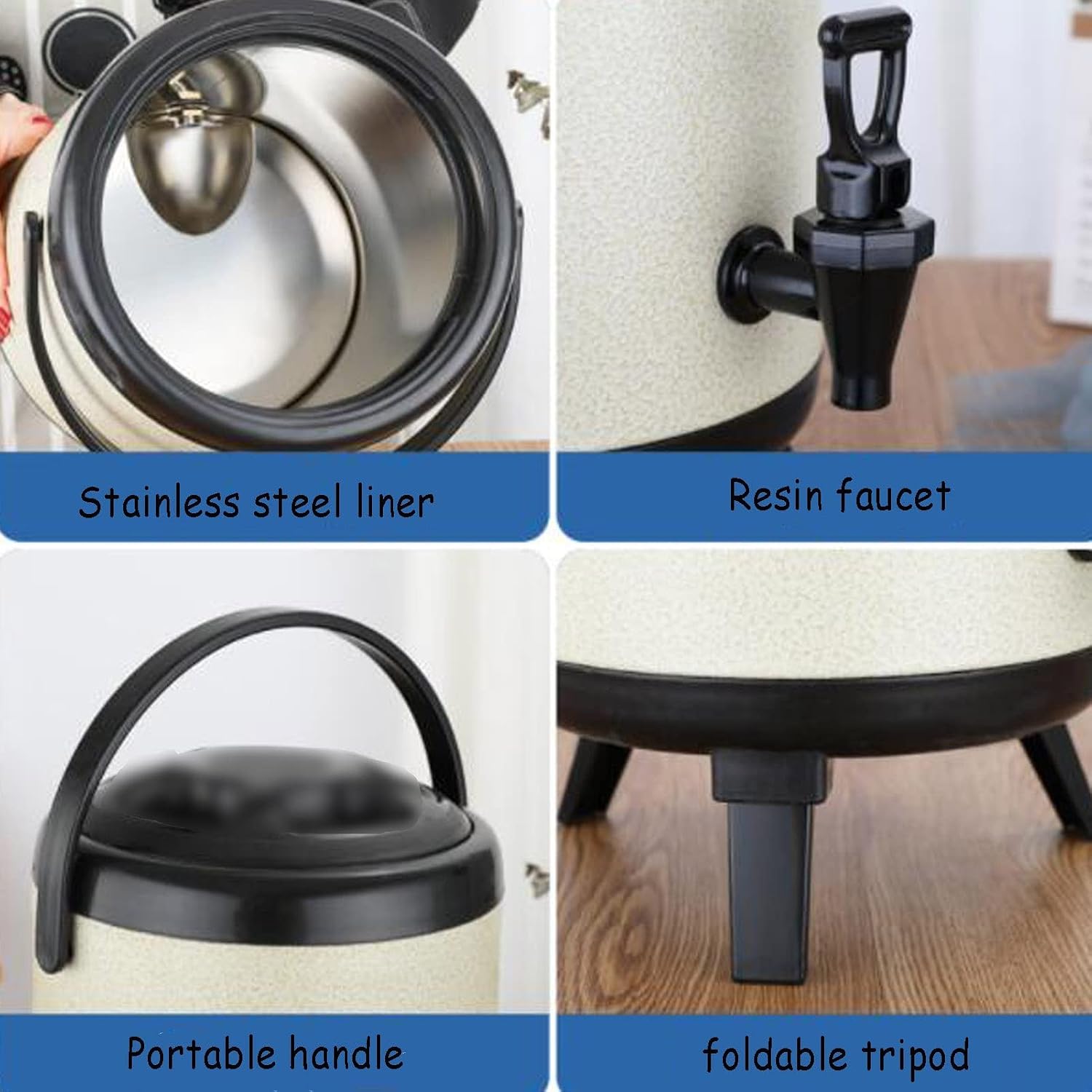Milk Tea Bucket Insulated Barrel, 8L/10L/12L, Stainless Steel Hot & Cold Drinks Dispenser, Hot Water Kettle Dispenser with Faucet and Foldable Tripod, for Coffee, Tea, Water, Milk, etc (Yellow 8L)