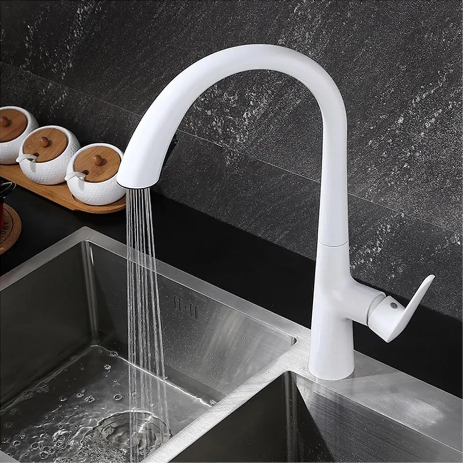 Kitchen Faucet Pull Out Tap Household Sink Washbasin Cold and Hot Water Mixer(White)