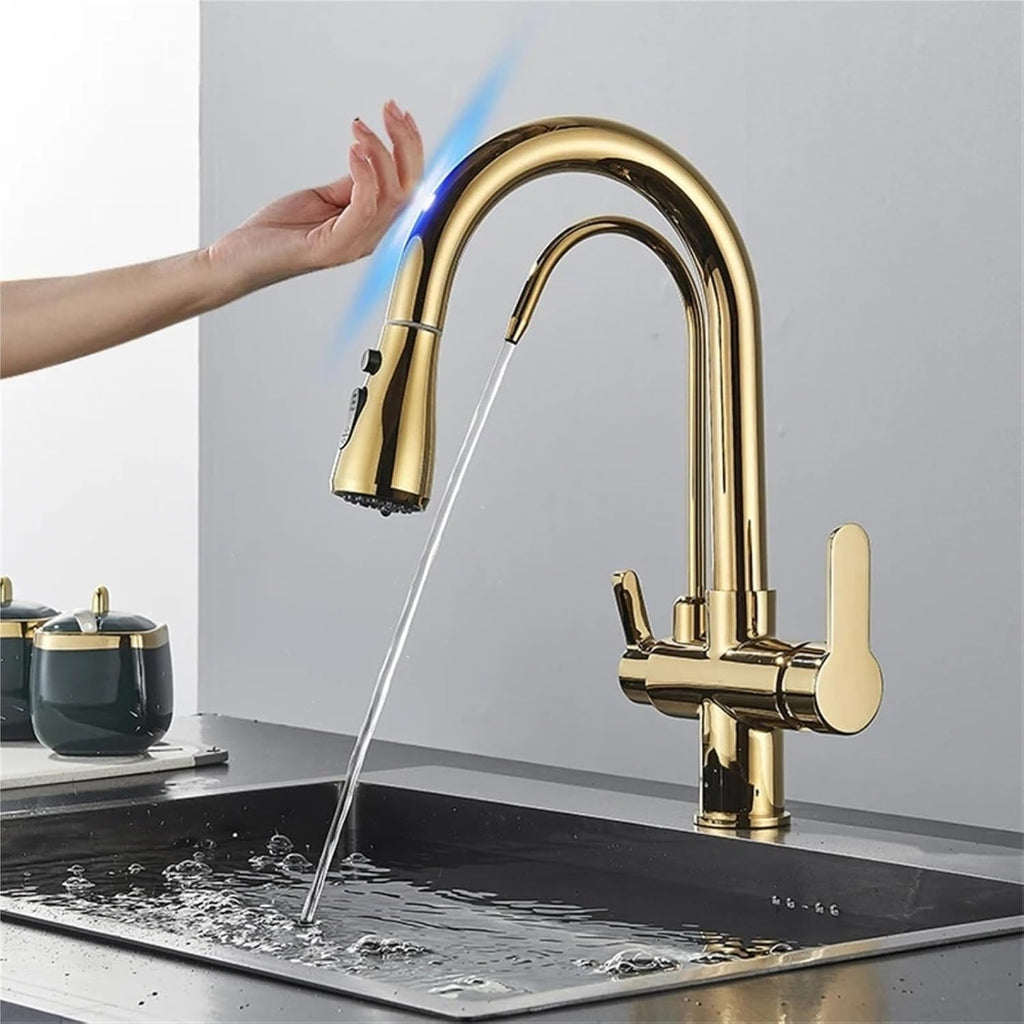 Smart Sensor Pure Water Kitchen Faucet 2 Model Spout Taps Deck Mount Daul Handle Filtered Cold Hot Water Mixer(Gold)