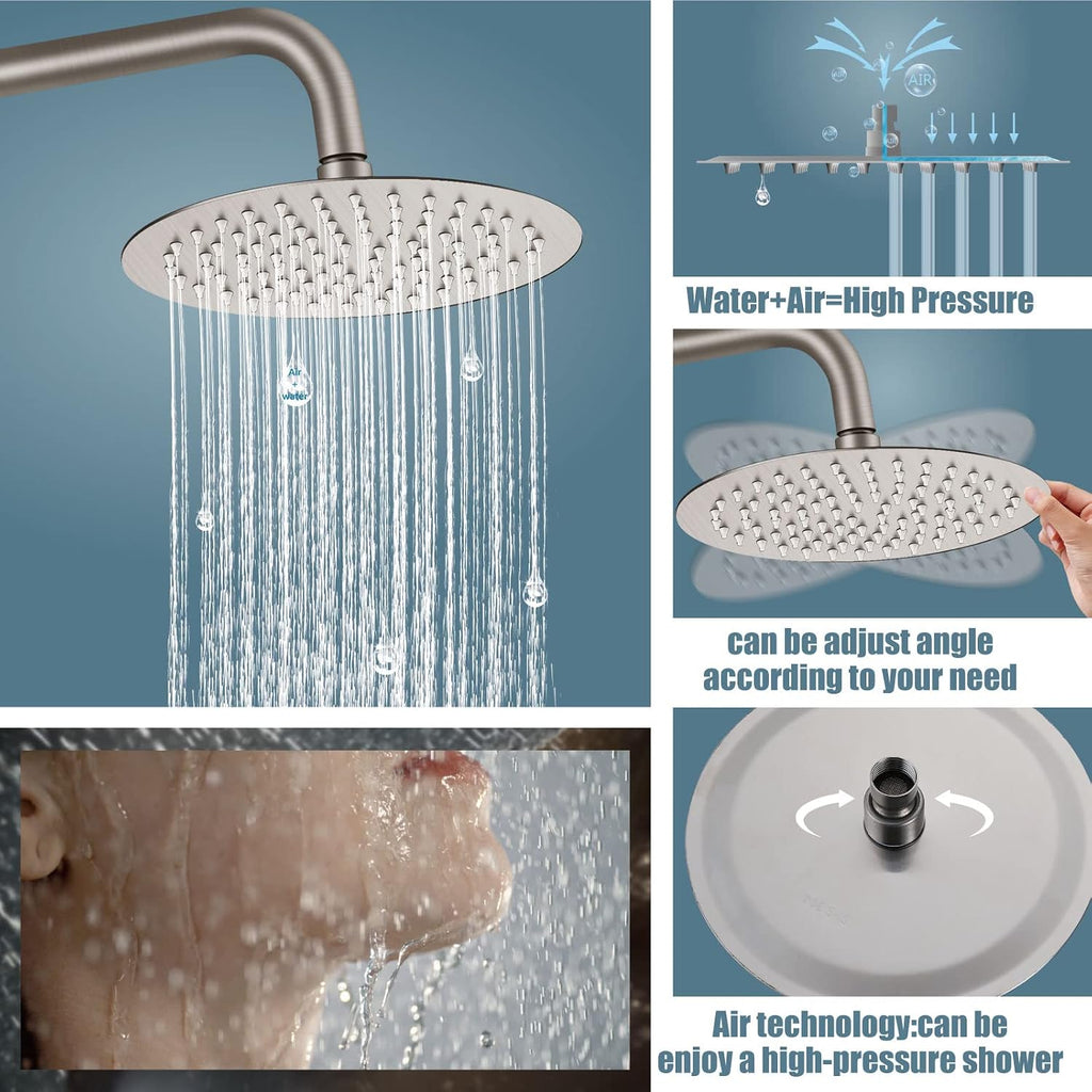 Aolemi Outdoor Shower Fixture SUS304 Triple Function Brushed Nickel Wall Mounted Stainless Steel Shower Faucet System Set with Hand Spray,8' Rain Shower Head