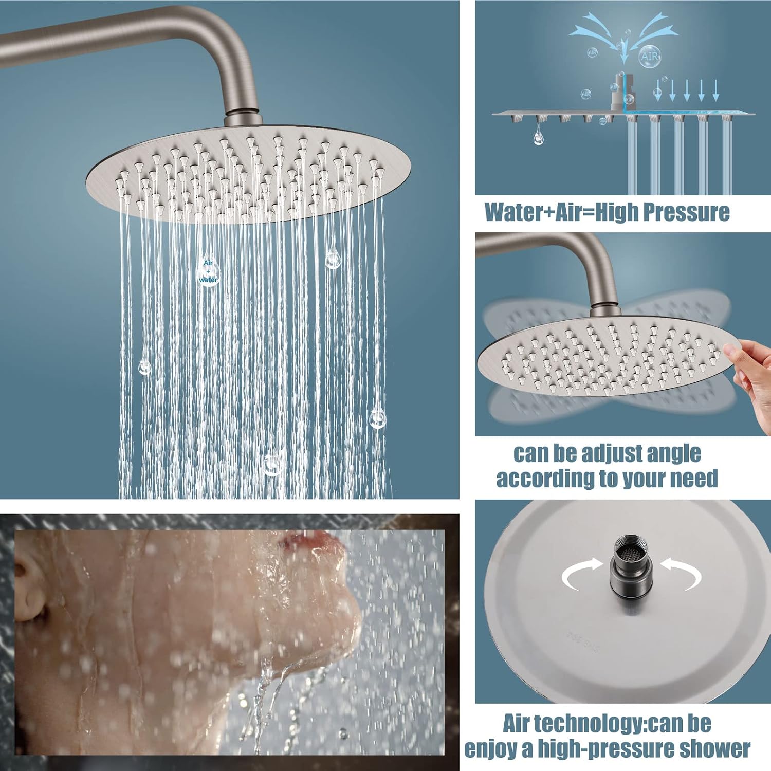 Aolemi Outdoor Shower Fixture SUS304 Triple Function Brushed Nickel Wall Mounted Stainless Steel Shower Faucet System Set with Hand Spray,8' Rain Shower Head