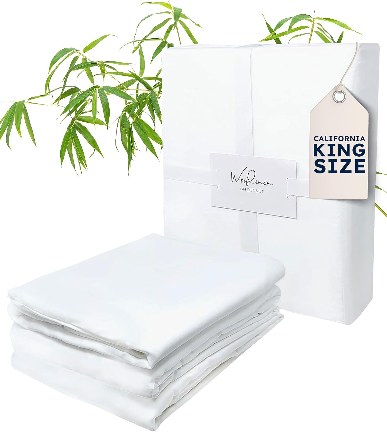 Wooflinen 100% Viscose Derived from Bamboo Sheets Set – Silky Soft Like Silk Bed Sheets – Matte White Bed Cover with Pillowcases – Cooling, Thick, Durable – California King, 4 Pc Set