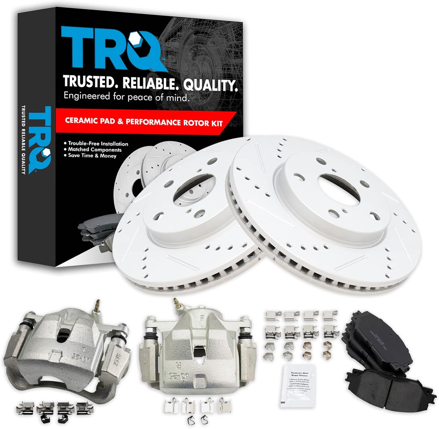 TRQ Performance Front Brake Pad and Rotor Set Ceramic Coated Drilled Slotted Rotors Calipers Compatible with 2010-2012 Lexus HS250h 2008-2015 Scion xB 2011-2017 Toyota RAV4 2012-2017 Prius V