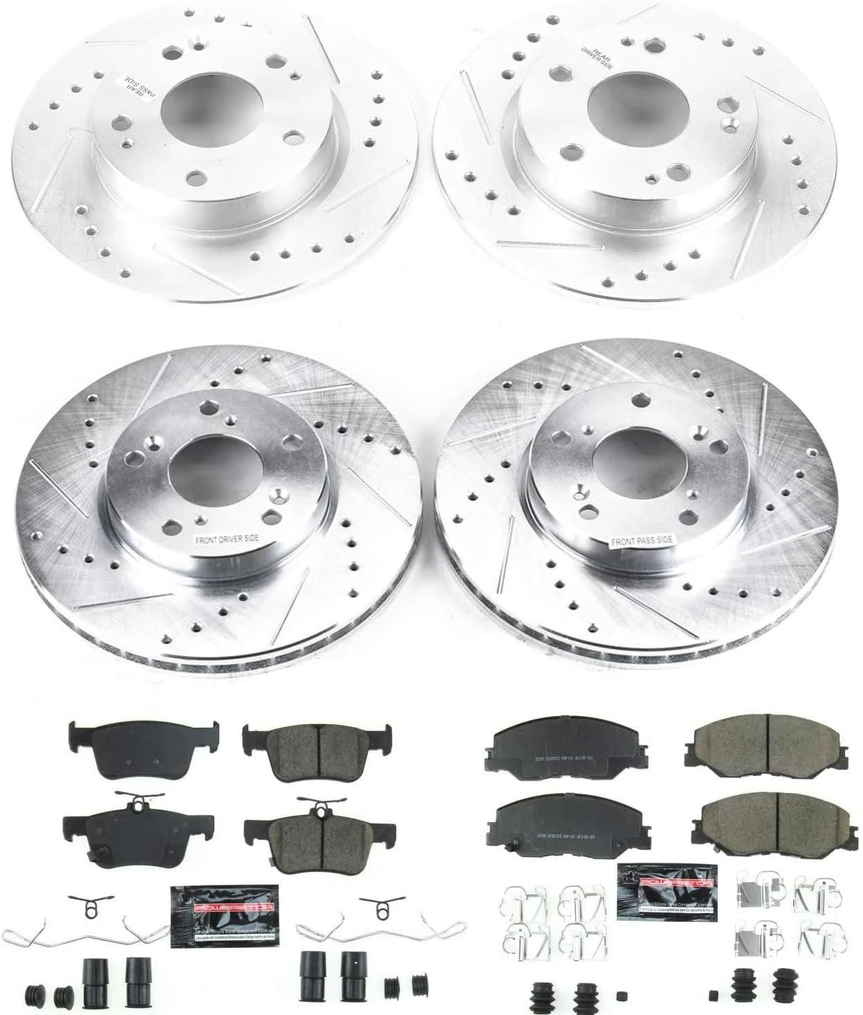 PowerStop Front and Rear Brake Kit for Honda Civic 2022-24 | Honda Insight 2019-22 - Drilled and Slotted Disc Rotors with Carbon-Fiber Ceramic Brake Pads Replacement, K8343