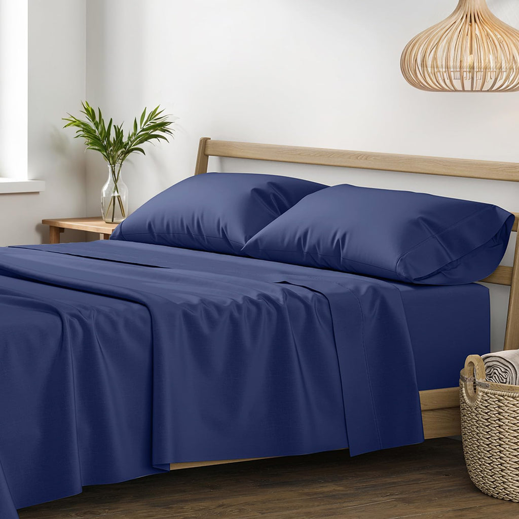 XOOX Linen 100% Egyptian Cotton Sheets King Size - 1200 Thread Count King Size Sheets Set Egyptian Cotton, 4 PC Luxury Bedsheet (Navy Blue), Soft, Cooling, 17' Deep Pocket Sateen Weave Bedsheet Set