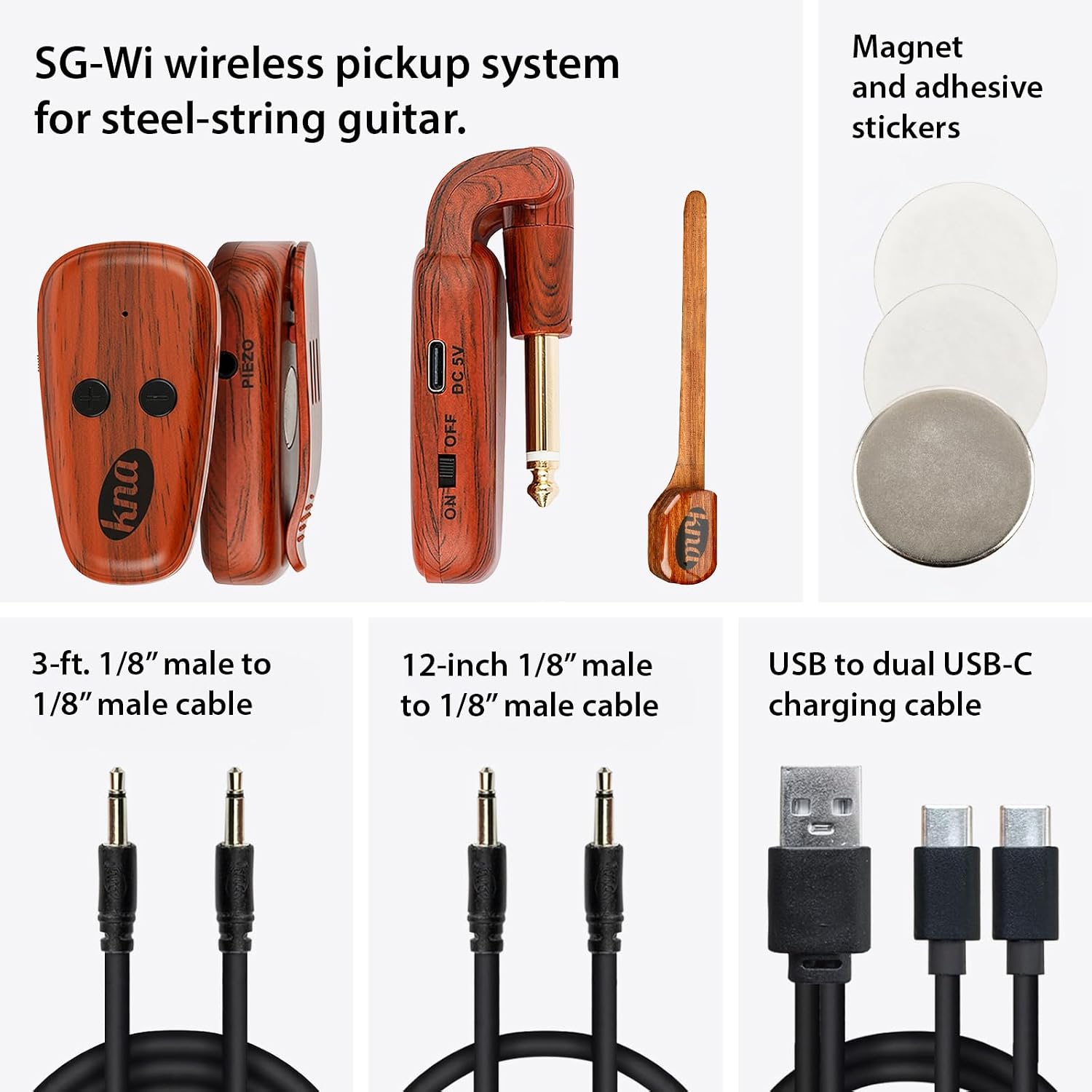 KNA SG-Wi Wireless Piezo Pickup for Steel String Acoustic Guitar, Volume Control, 100 feet / 30 meters Range, Ultra-Low Latency, Easy Installation, Pro Sound for Live Performance and Recording