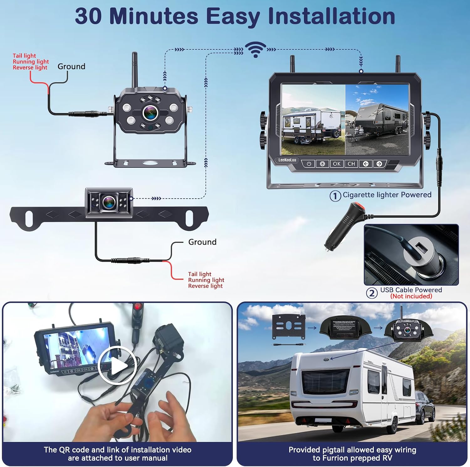 HD 1080P 7 inch RV Wireless Backup Camera: Dual Camera 30-Min Easy Install Clear Night Vision 4 Channels Recording Touch Key Monitor Rear View Camera for Furrion Pre-Wired RVs Travel Trailers Camper