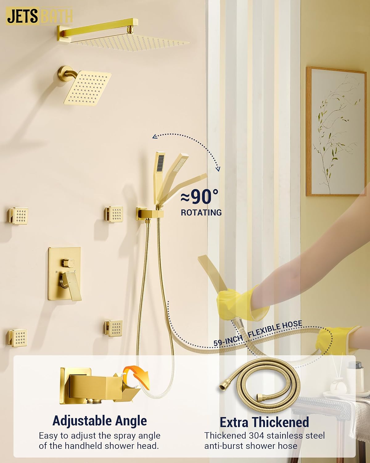 Dual Rainfall Shower Head System with 4 Body Jets, JetsBath Shower Faucet Set Double Shower Head 6-Inch Shower Head & 12' Rain Shower, Luxury Brushed Gold Shower Faucet Set,Wall-Mounted Shower System