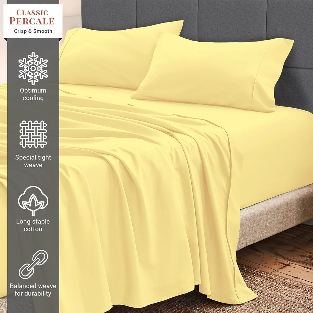 Pizuna Cotton Sheet Set California King Size, 100% Long Staple Cotton Percale with 15inch Deep Pocket (Combed Mellow Yellow Cotton)