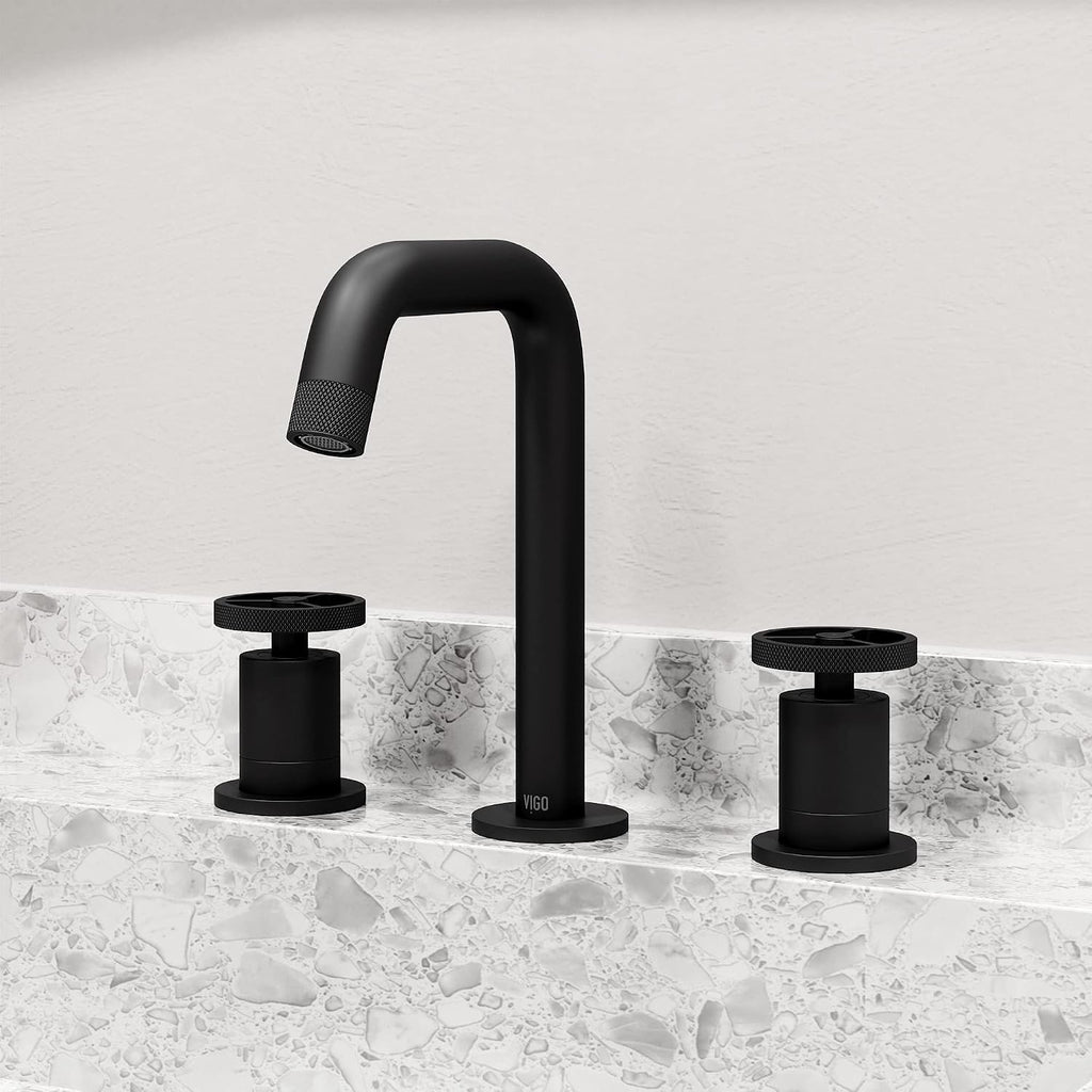 VIGO Cass Two-Handle Three-Hole Mount Widespread Bathroom Sink Faucet, 8-Inch, Matte Black, Modern Design, Solid Brass, 1.2 GPM WaterSense & Ceramic Disc Valve, Corrosion-Resistant