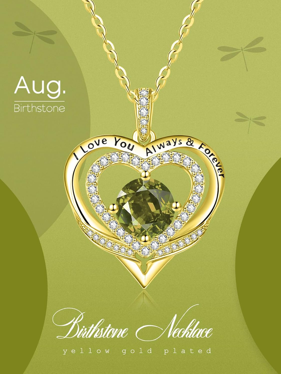 14K Gold Heart Necklaces for Women with Birthstone Pendant ，Double Hearts Necklace Jewelry Gift for Girlfriend Mom Anniversary Birthday Adjustable Chain 18' + 2' 'I Love You Always & Forever