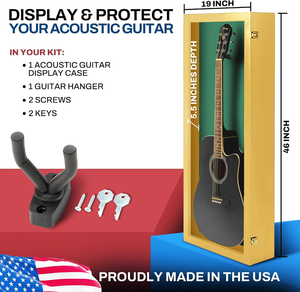 PENNZONI Acoustic Guitar Display Case - Acrylic Acoustic Guitar Case - Guitar Display Case Wall Mount Made from Hardwood Frame & Clear Acrylic - Golden Oak w/Felt Green