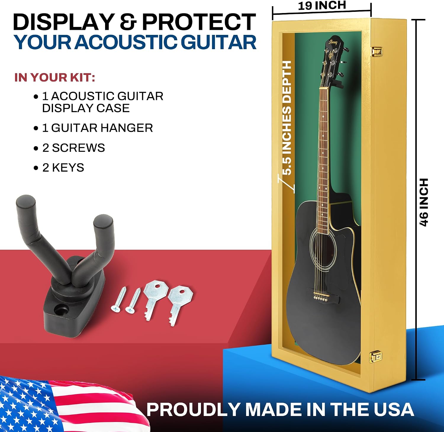 PENNZONI Acoustic Guitar Display Case - Acrylic Acoustic Guitar Case - Guitar Display Case Wall Mount Made from Hardwood Frame & Clear Acrylic - Golden Oak w/Felt Green