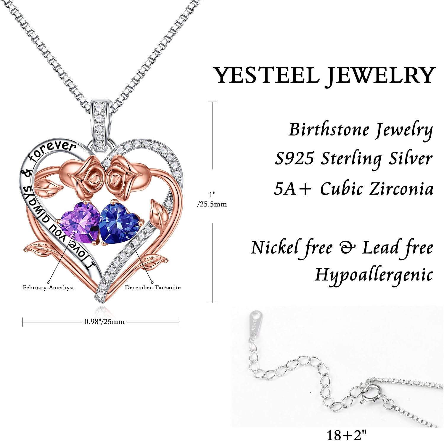 Iefil Rose Heart Double Birthstone Necklace Gifts for Wife Girlfriend Her Women, Birthstone Jewelry Gemstone Birthday Gifts for Mom Grandma Her Wife Women