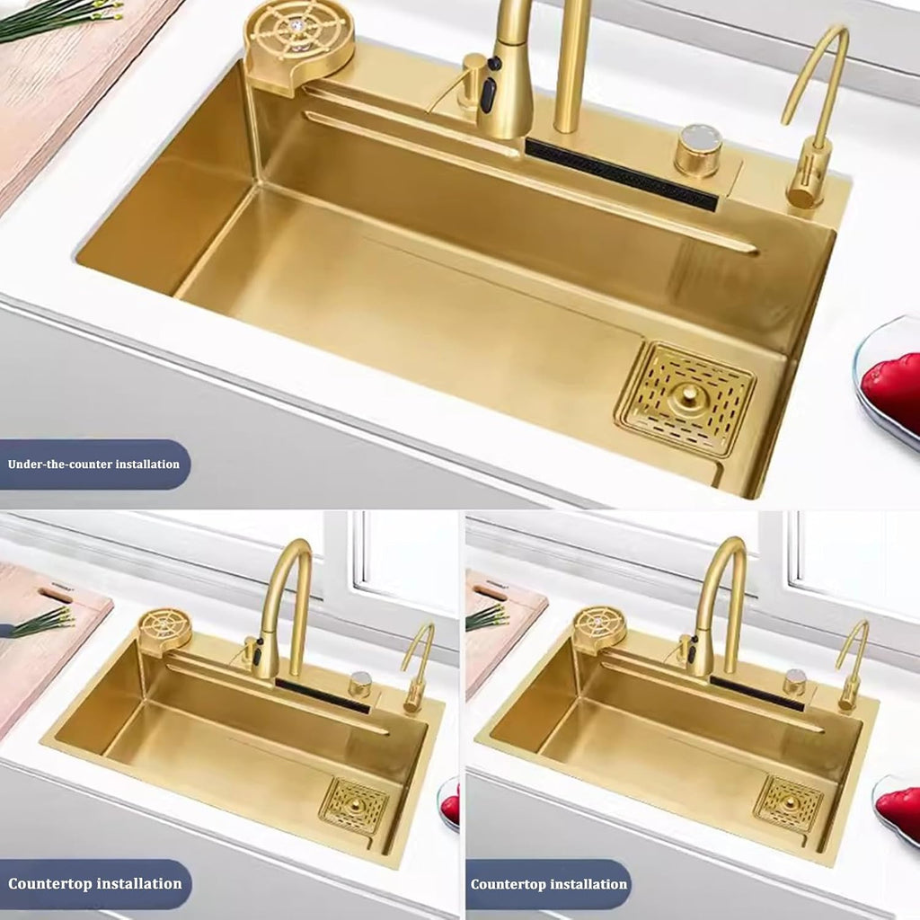 Golden Kitchen Sink Stainless Steel Waterfall Sink Large Single Bowl Sink Built-in Sink Waterfall Faucet Complete Accessories(Size:68x45cm)