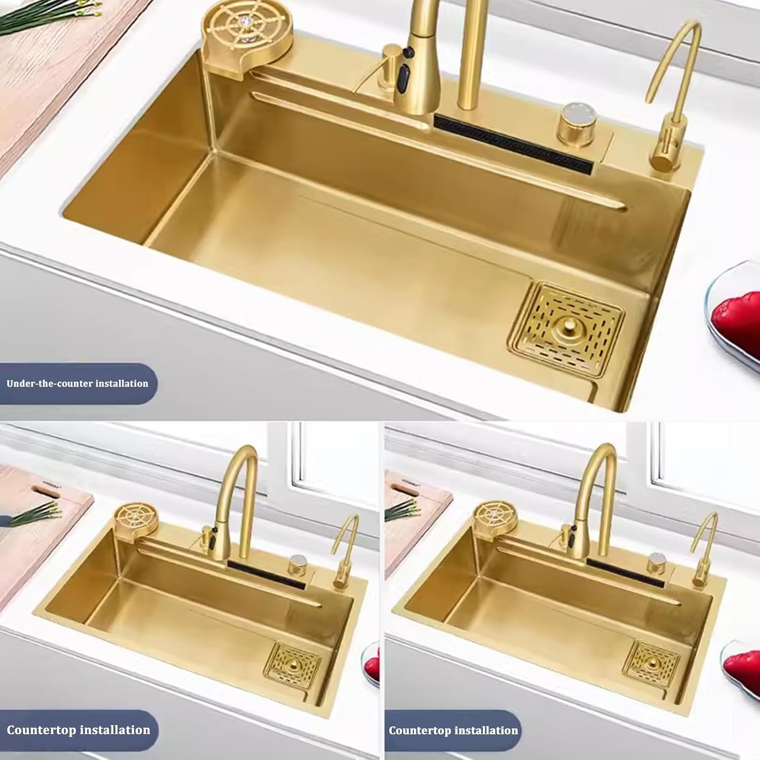 Golden Kitchen Sink Stainless Steel Waterfall Sink Large Single Bowl Sink Built-in Sink Waterfall Faucet Complete Accessories(Size:68x45cm)