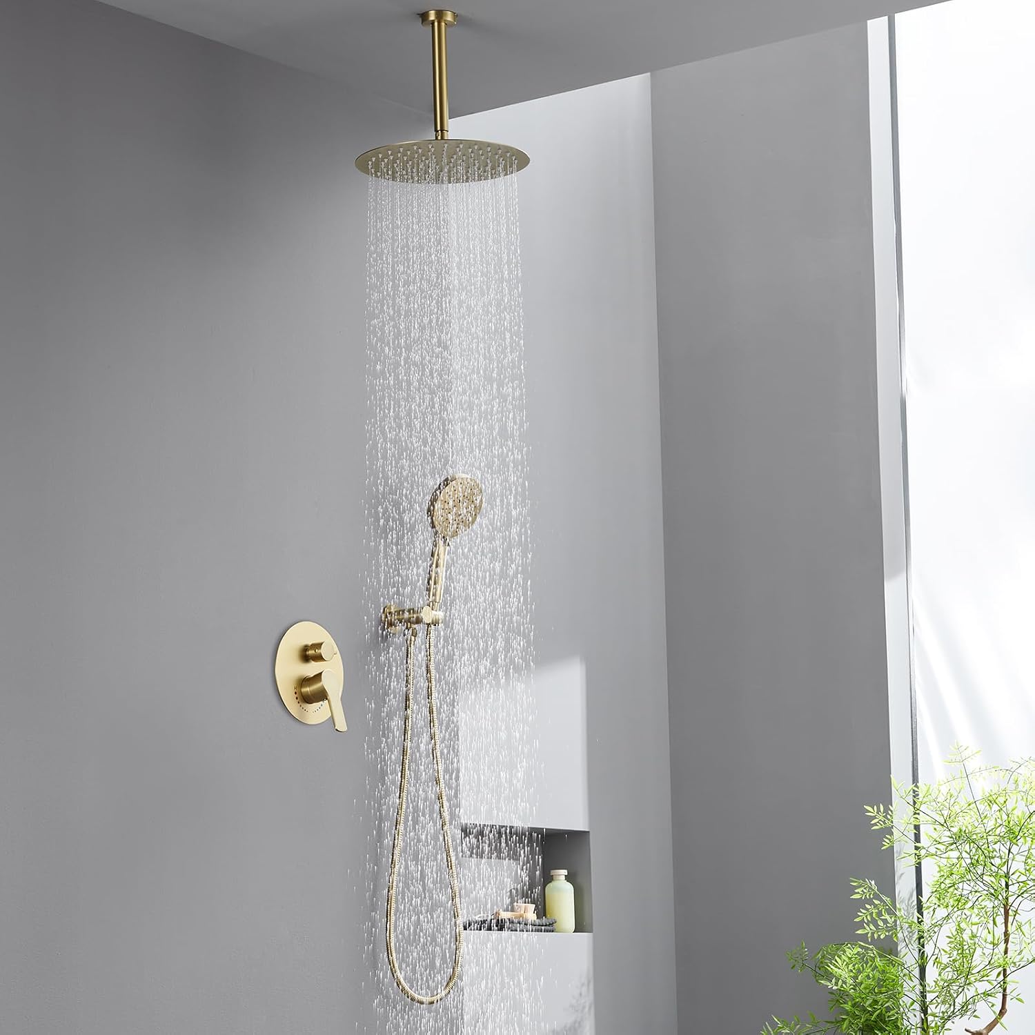 Brushed Gold Shower Faucet with Handheld Sprayer- 12 Inch Shower Head System Has Rain Shower Head and Handheld with Brass Valve- The Rainfall Shower Set for Bathroom Shower Fixtures