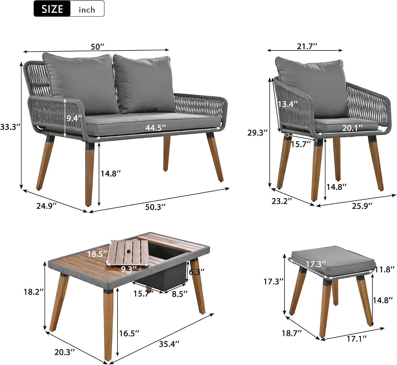 6-Piece Rope Patio Furniture Set, Outdoor Furniture with Acacia Wood Cool Bar Table with Ice Bucket, Deep Seat Patio Conversation Set with Two Stools for Backyard Porch Balcony (Grey-001)