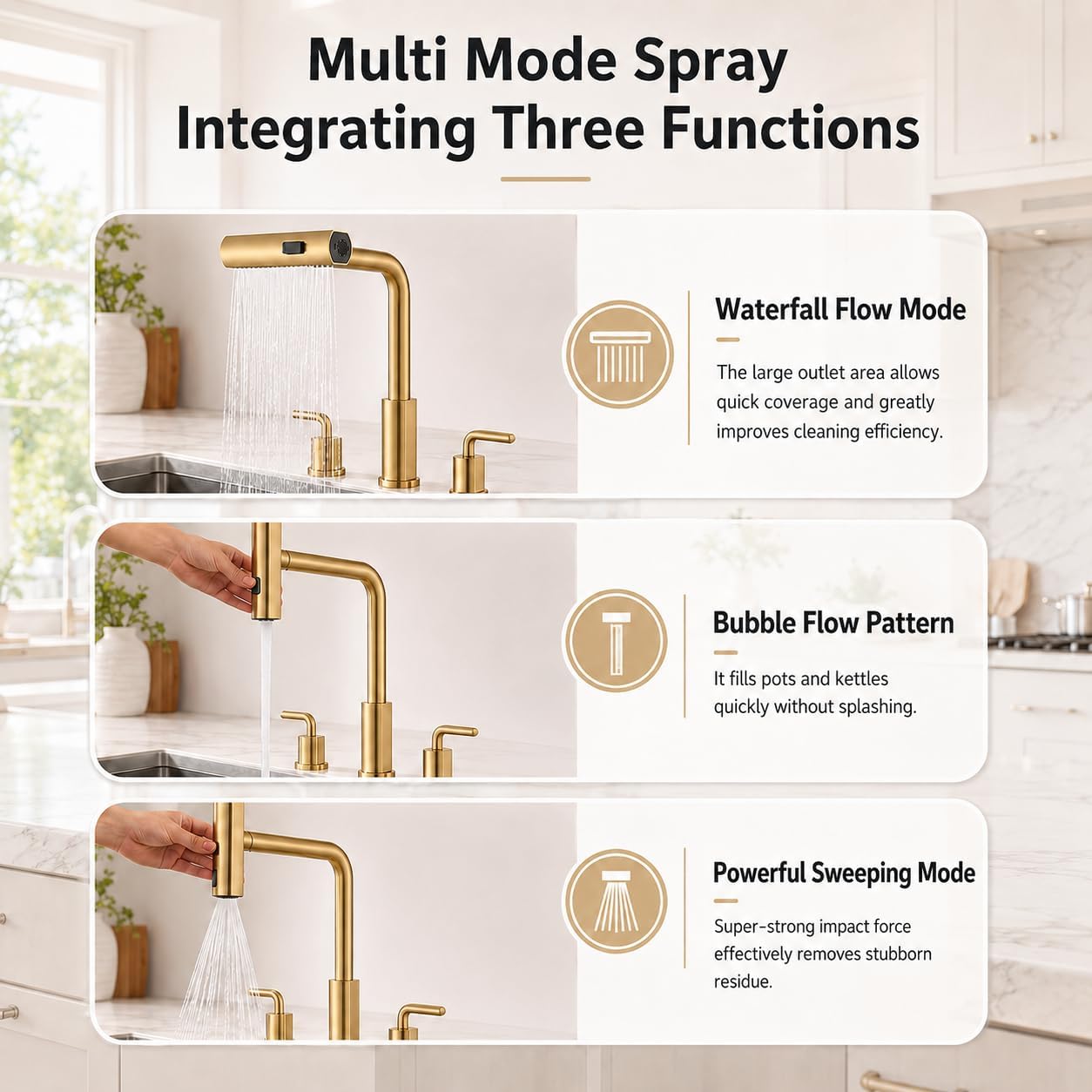 Kitchen Faucet with Pull Down Sprayer - Brushed Gold 3 Hole Kitchen Sink Faucet - 8 Inch 2 Handle Champagne Bronze 3 Piece Faucets Stainless Steel Faucet, 360° Swivel, Pull Out 3 Spray Modes
