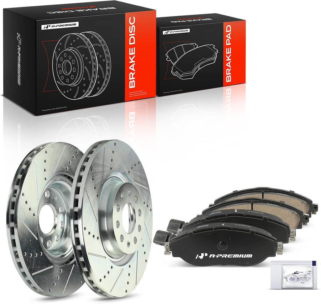 A-Premium 13.39 in (340 mm) Front Drilled and Slotted Disc Brake Rotors + Ceramic Pads Kit Compatible with Select Volkswagen & Audi Models - Jetta, Golf R, Tiguan, CC, GTI, Arteon, Q3, S3, 6-PC Set