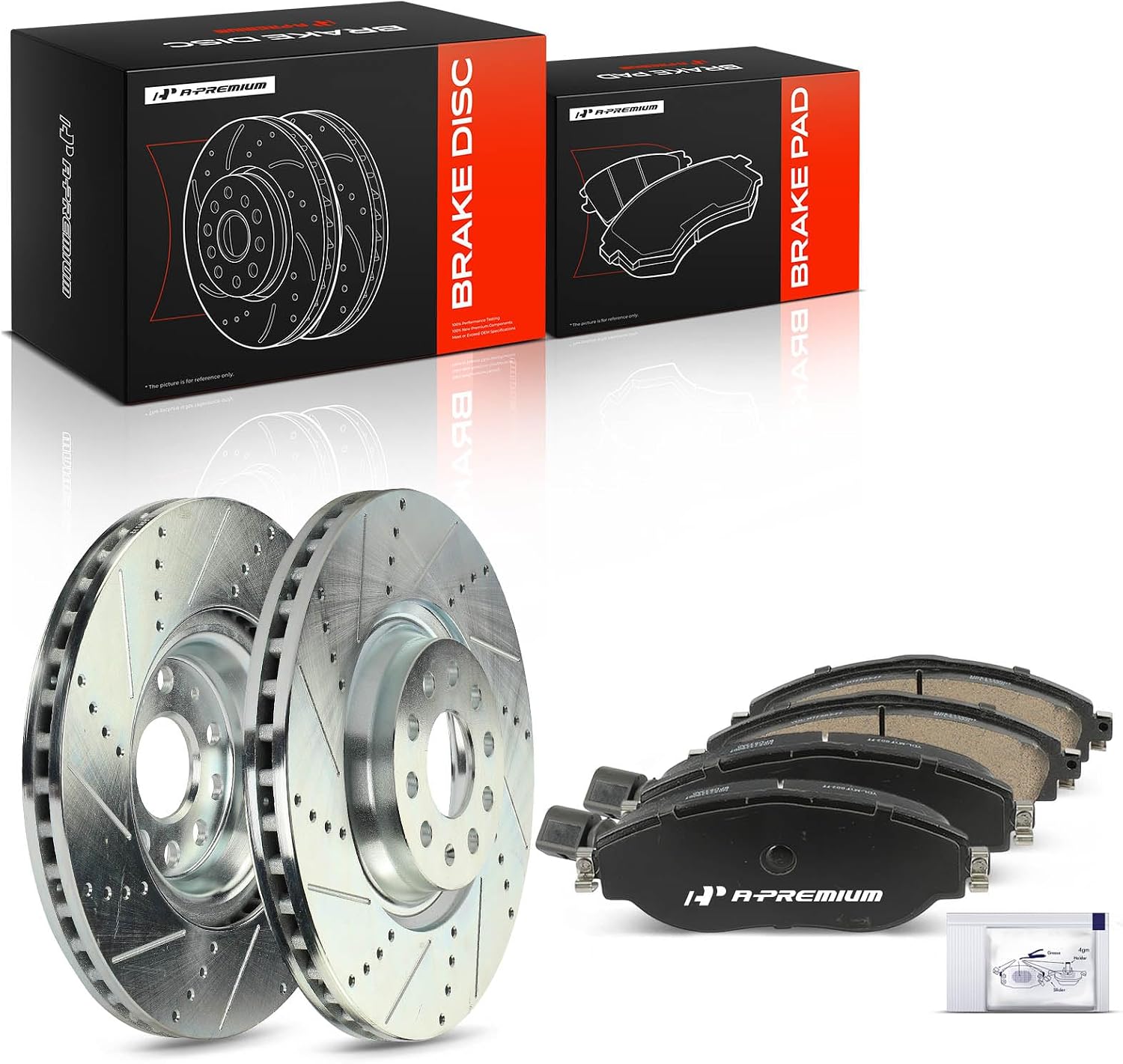 A-Premium 13.39 in (340 mm) Front Drilled and Slotted Disc Brake Rotors + Ceramic Pads Kit Compatible with Select Volkswagen & Audi Models - Jetta, Golf R, Tiguan, CC, GTI, Arteon, Q3, S3, 6-PC Set