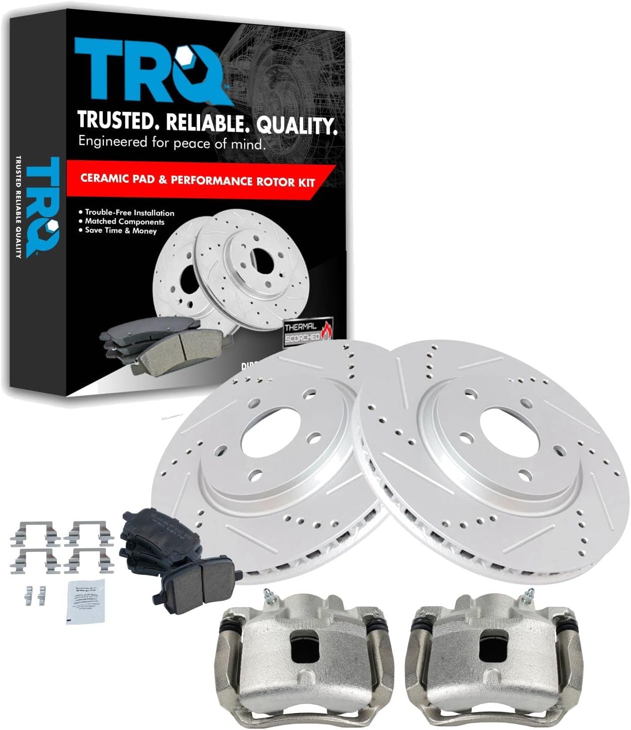 TRQ Performance Front Brake Pad and Rotor Set Ceramic Vented Coated Rotors Calipers Compatible with 2007-2008 Pontiac G5