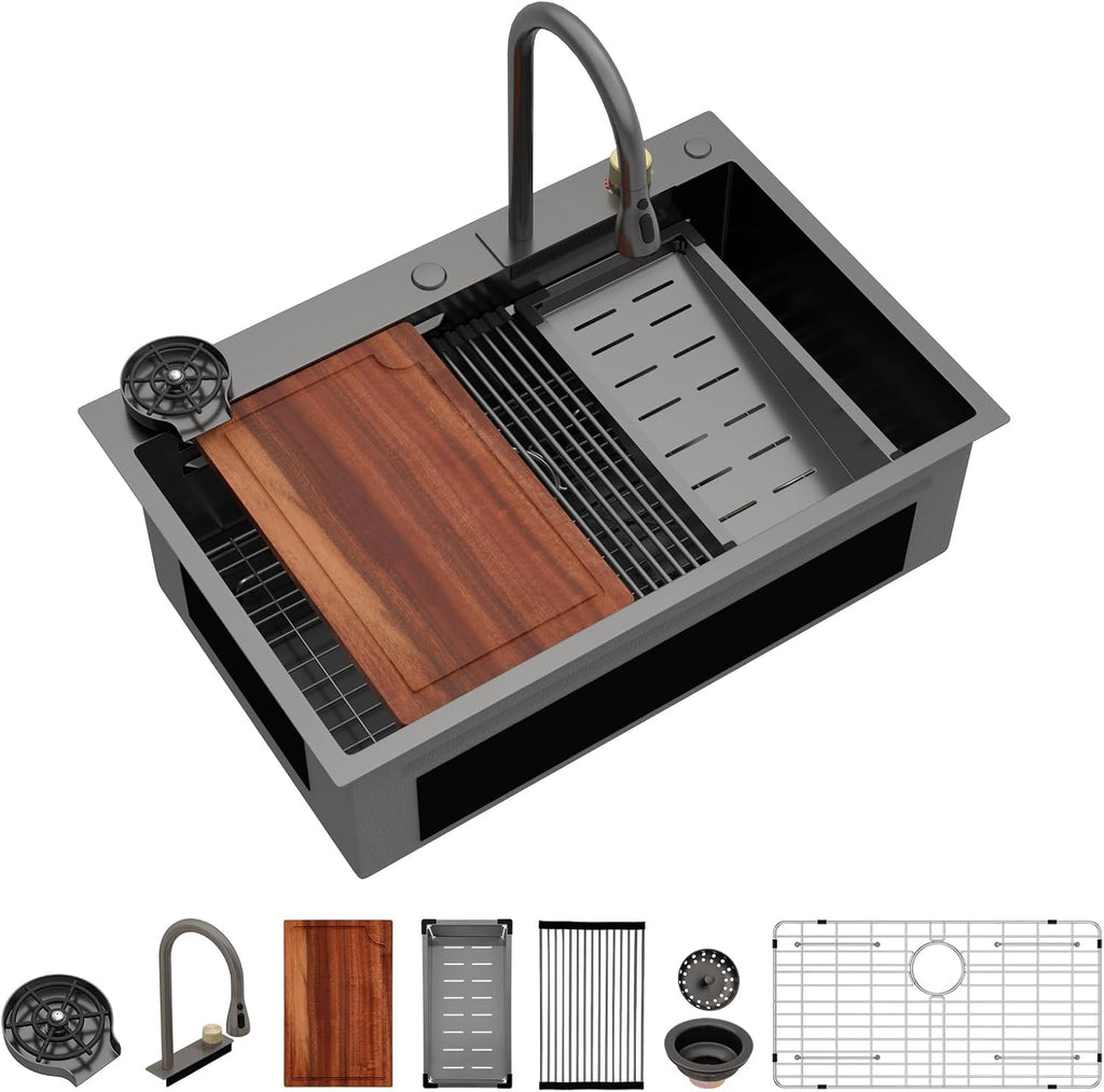 Logmey 33x22 Waterfall Kitchen Sink,Gunmetal Black Nano PVD Drop in Workstation Single Bowl,16 Gauge Anti-Scratch Anti-Rust Stainless Steel Sink with Faucet for Kitchen Remodel Food Prep & Dishwashing
