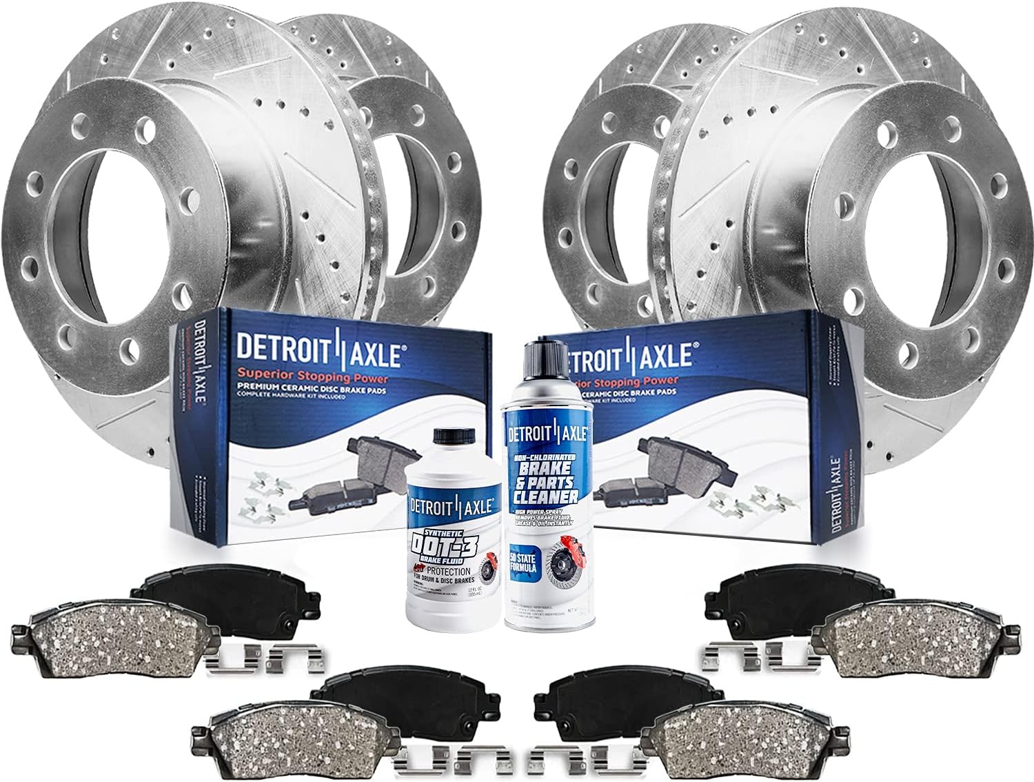 Detroit Axle - Brake Kit for 2012-2022 Ford F-250 Super Duty 2013-2022 F-350 Super Duty, Drilled and Slotted Disc Brake Rotors Ceramic Brakes Pads w/Hardware Replacement: 14.29 inch Front and Rear