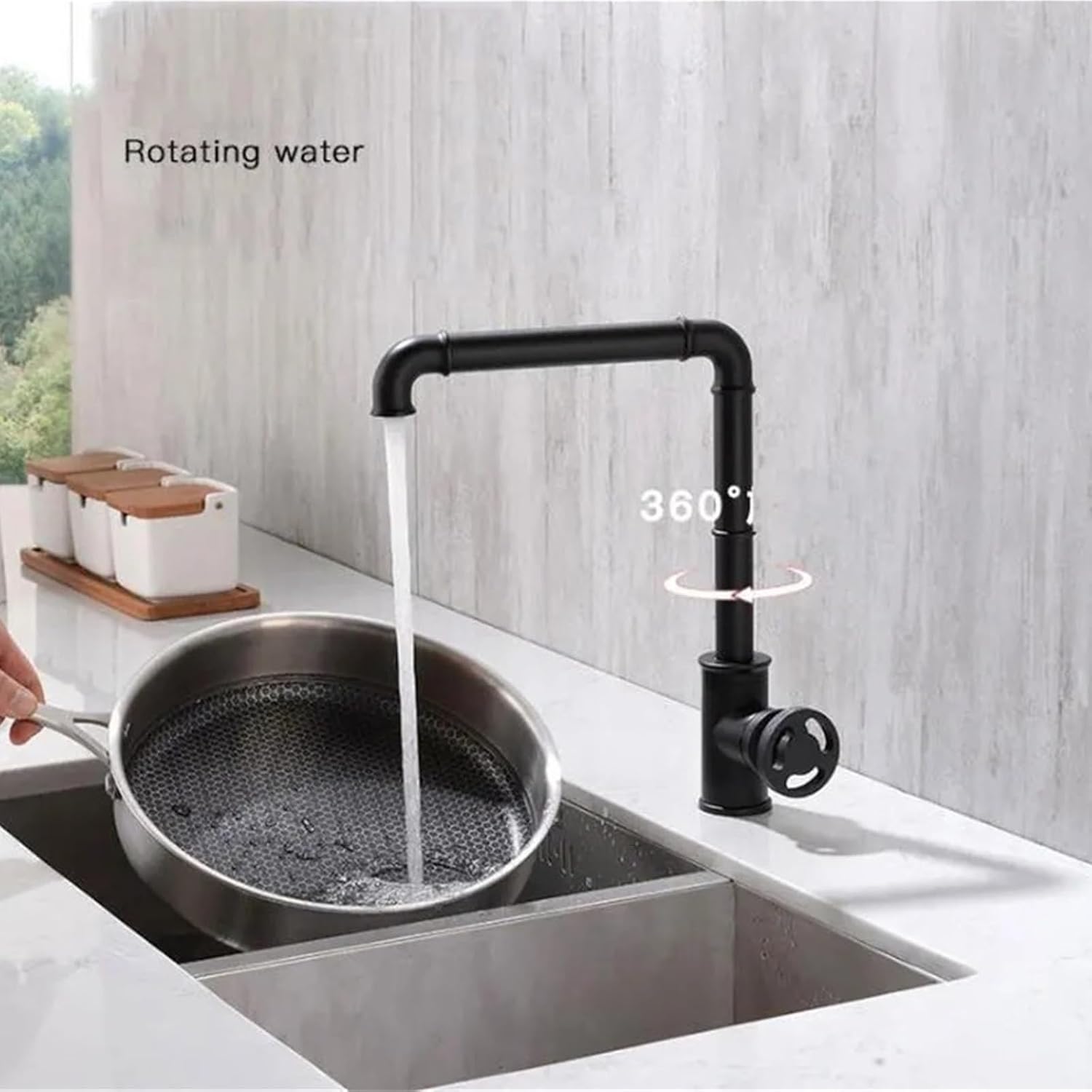 Kitchen Faucets Retro Industrial Style Brass Crane Bathroom Faucets 360 Rotate Hot and Cold Water Mixer Tap(Black)