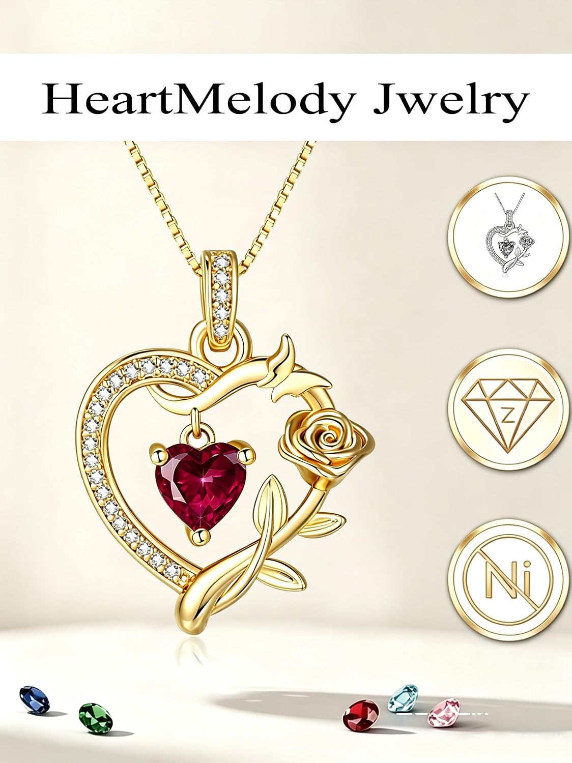 HeartMelody Heart Necklaces for Women Gold,14k 18K White Gold Plated Dainty Rose Butterfly Necklace with Garnet Birthstone Pendant Necklace Everyday Jewelry Birthday Christmas Gifts for Women Mom Her