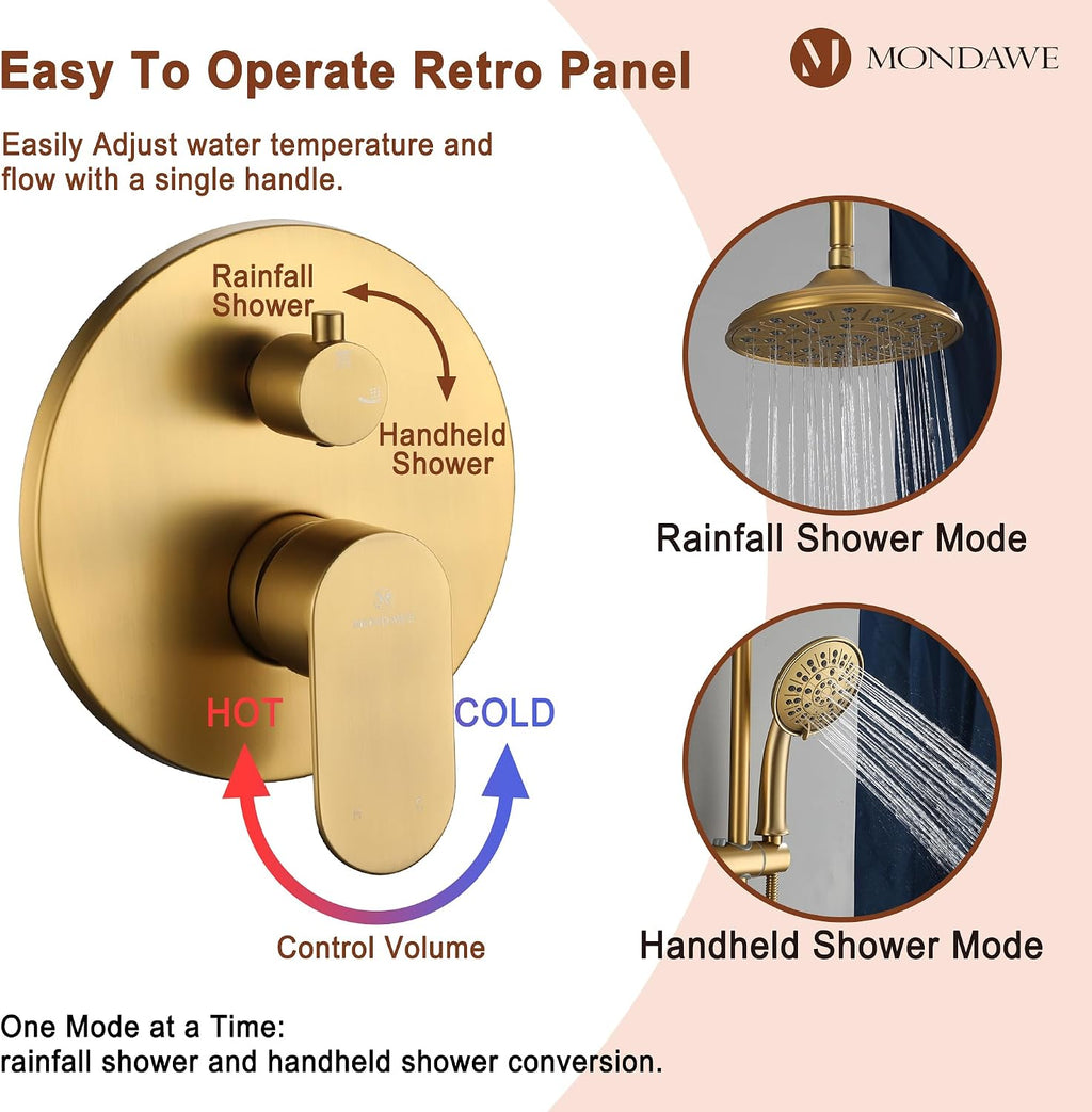 MONDAWE 8 Inch Wall Mounted Shower Faucet Set in Brushed Gold, Rainfall Shower Head with 3-Setting Handheld Spray Shower Set Combo, High Pressure Shower System with Solid Brass Valve