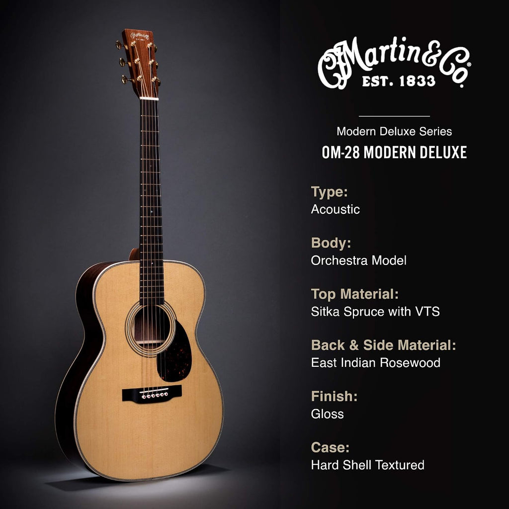 Martin Guitar OM-28 Modern Deluxe Acoustic Guitar with Hardshell Gig Case, Sitka Spruce and East Indian Rosewood Construction, 000-14 Fret and Vintage Deluxe Neck Shape with Standard Taper